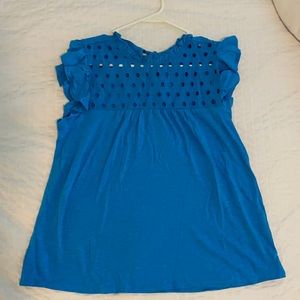 LOFT vibrant blue cutout cotton ruffle top.